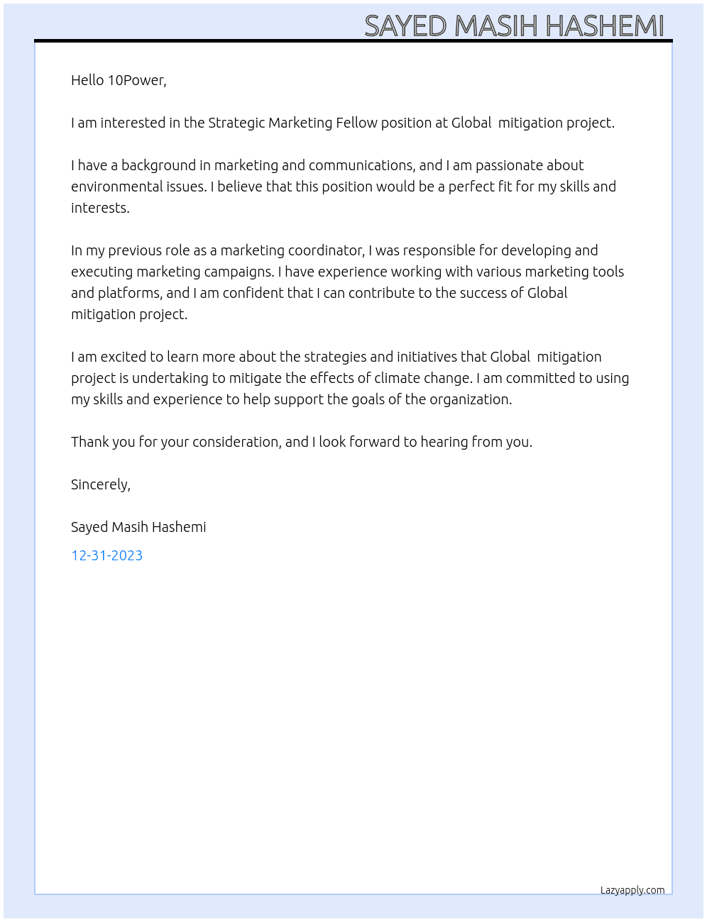 Strategic Marketing Fellow At Global  mitigation project  Cover Letter