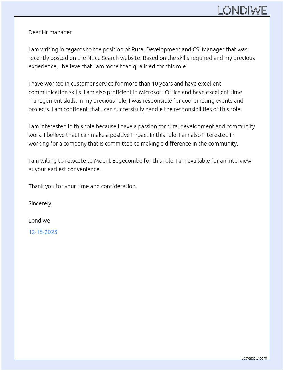 Rural Development and CSI Manager  At Ntice Search Cover Letter