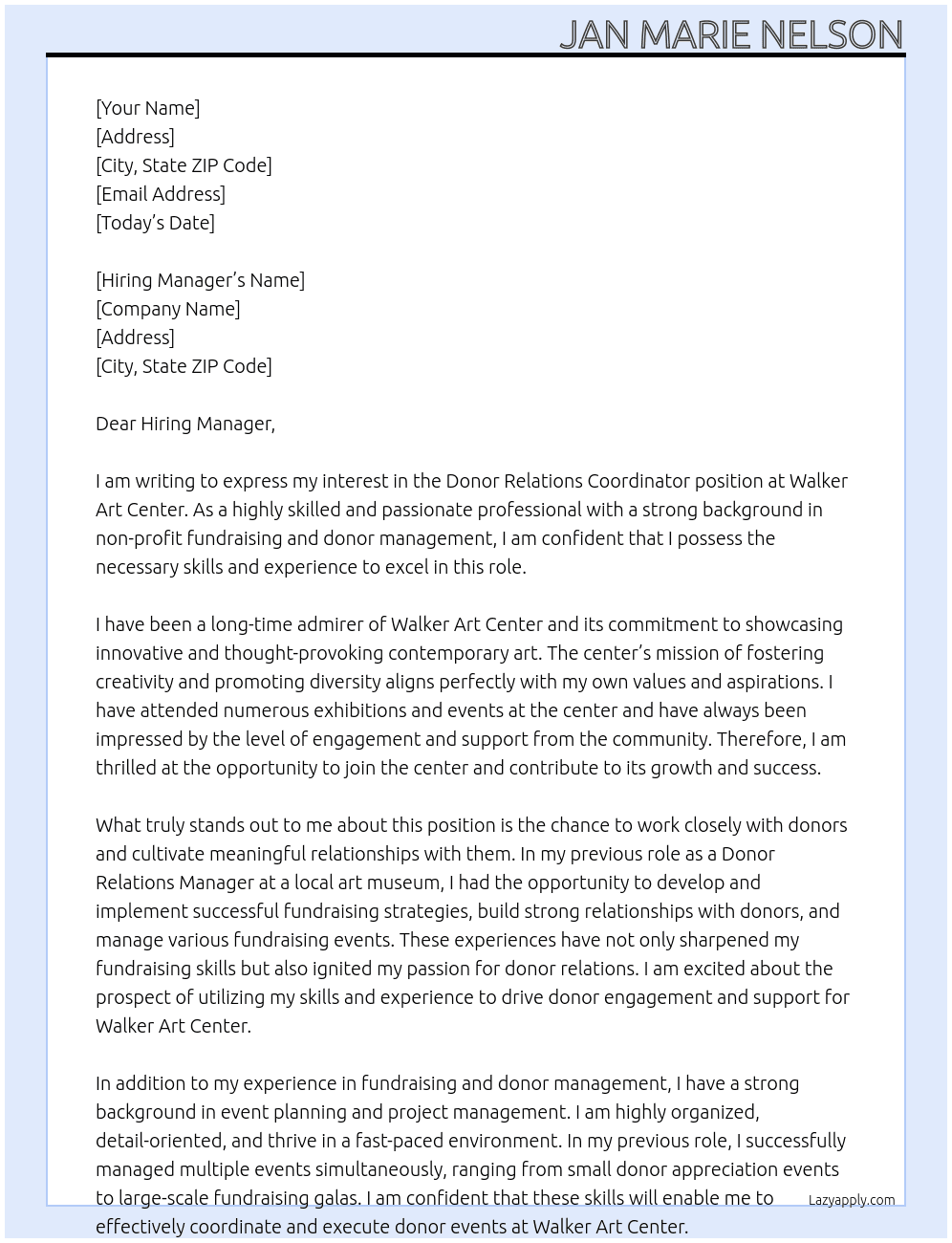 Donor Relations Coordinator At Walker Art Center Cover Letter