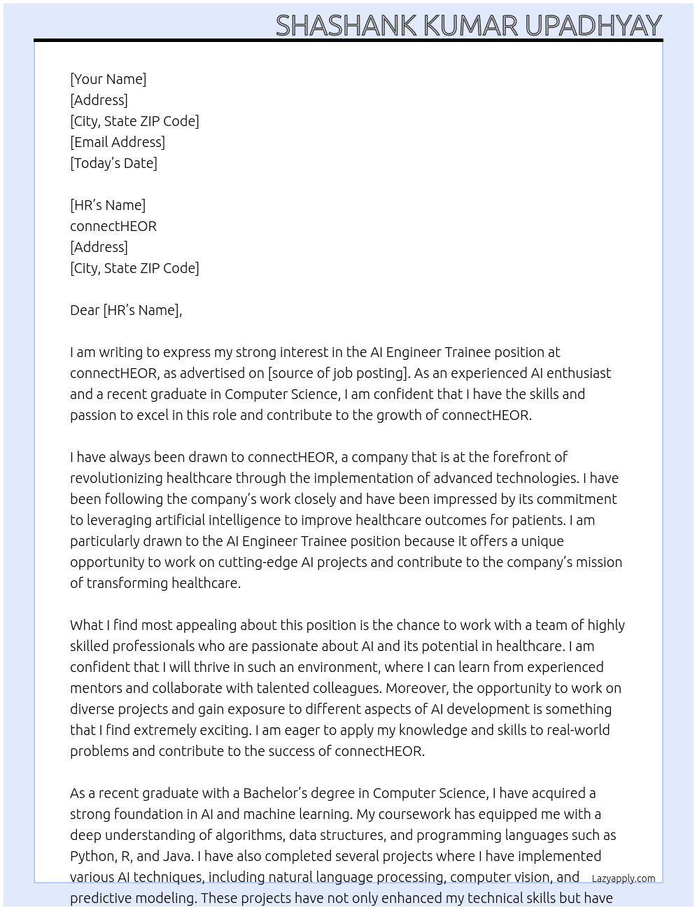 AI ENGINEER TRAINEE At connectHEOR Cover Letter