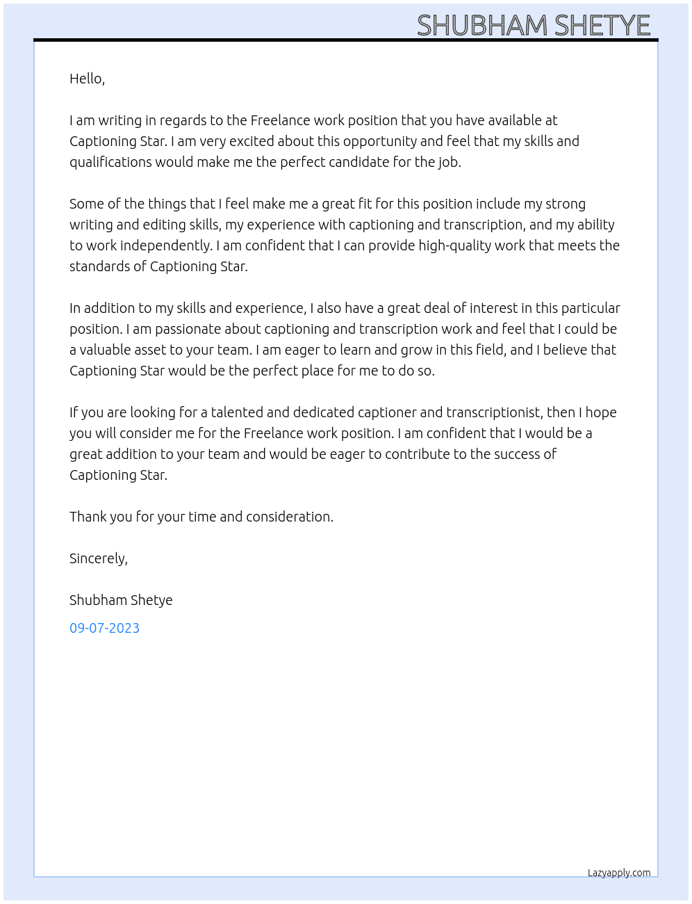 Freelance work  At Captioning star Cover Letter