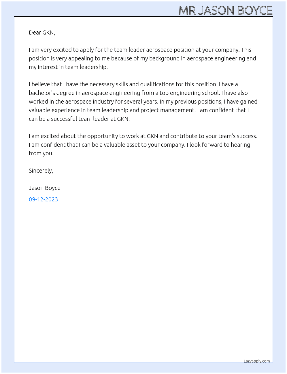 team leader aerospace  At GKN Cover Letter