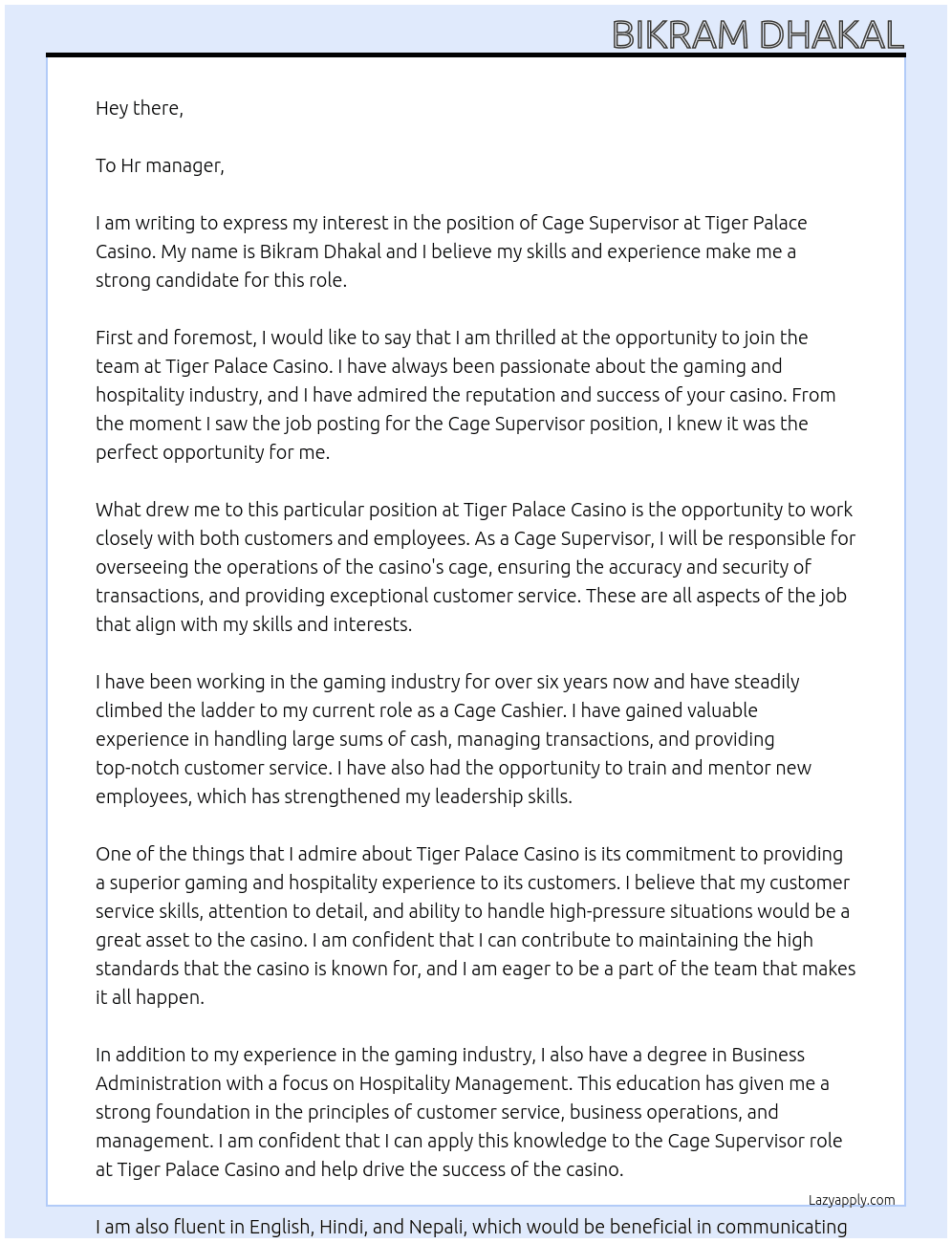 Cage Supercisor At Tiger palace casino Cover Letter