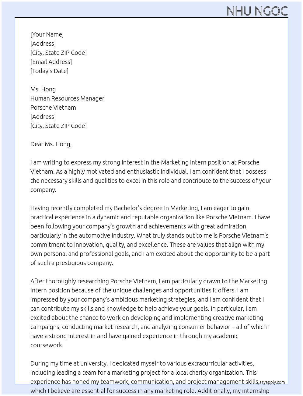 Marketing Intern At Porsche Vietnam Cover Letter
