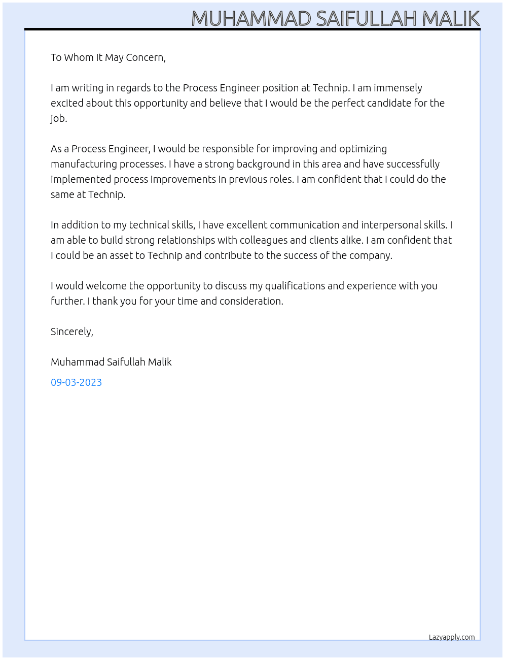 process engineer At technip Cover Letter