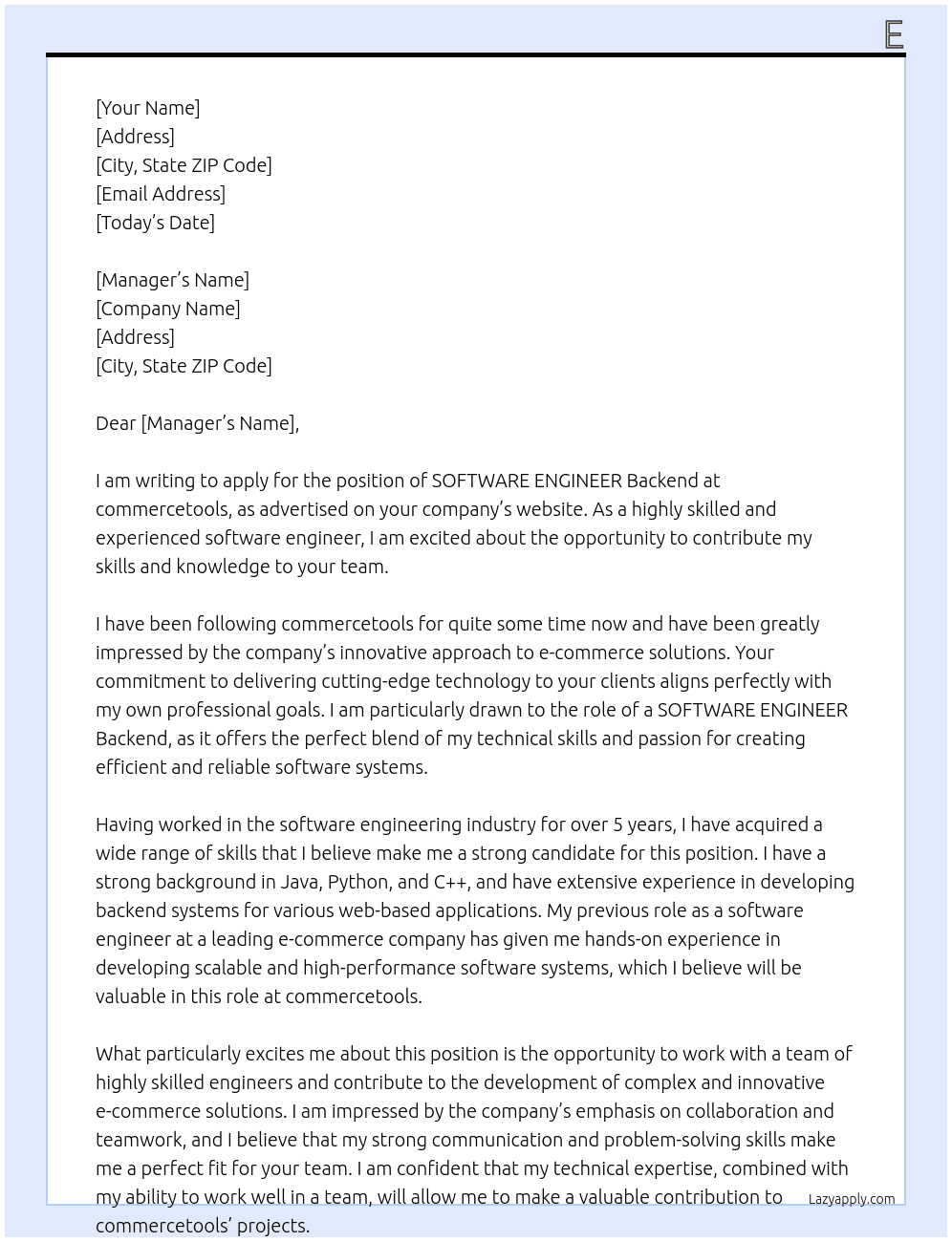 SOFTWARE ENGINEER Backend At commercetools  Cover Letter