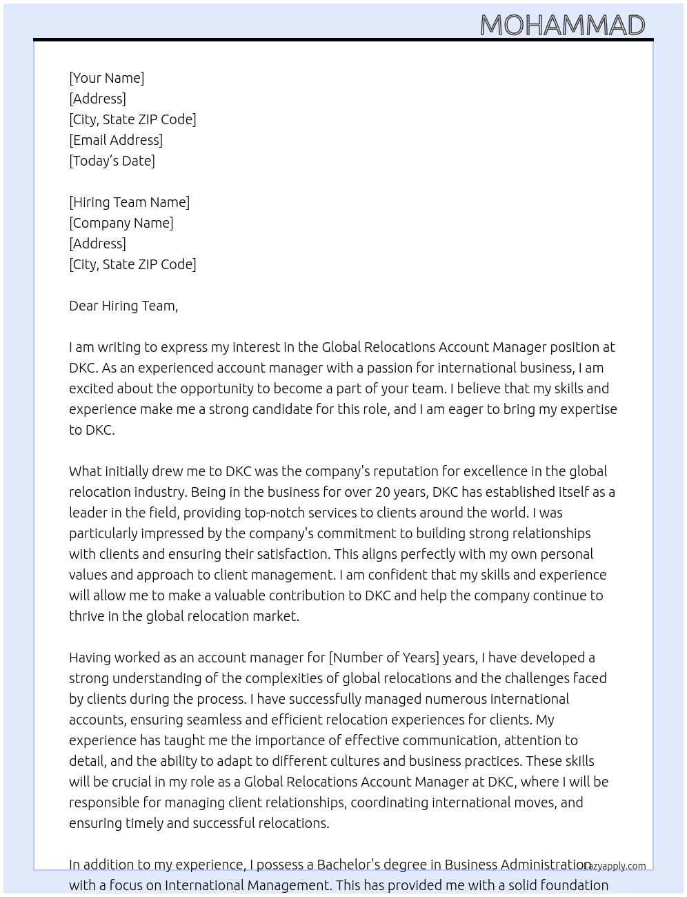 GLOBAL RELOCATIONS ACCOUNT MANAGER At DKC Cover Letter