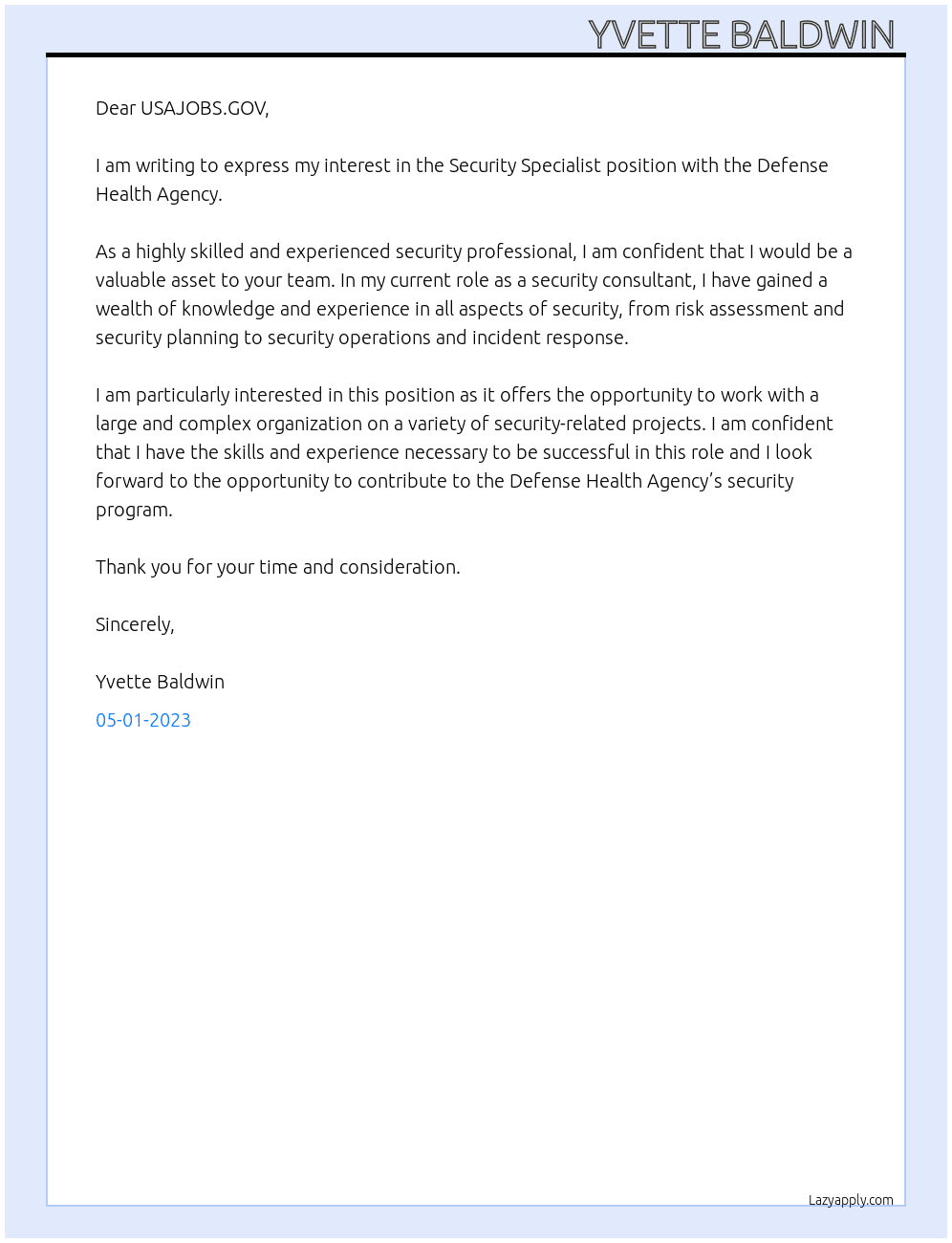Security Specialist At Defense Health Agency Cover Letter