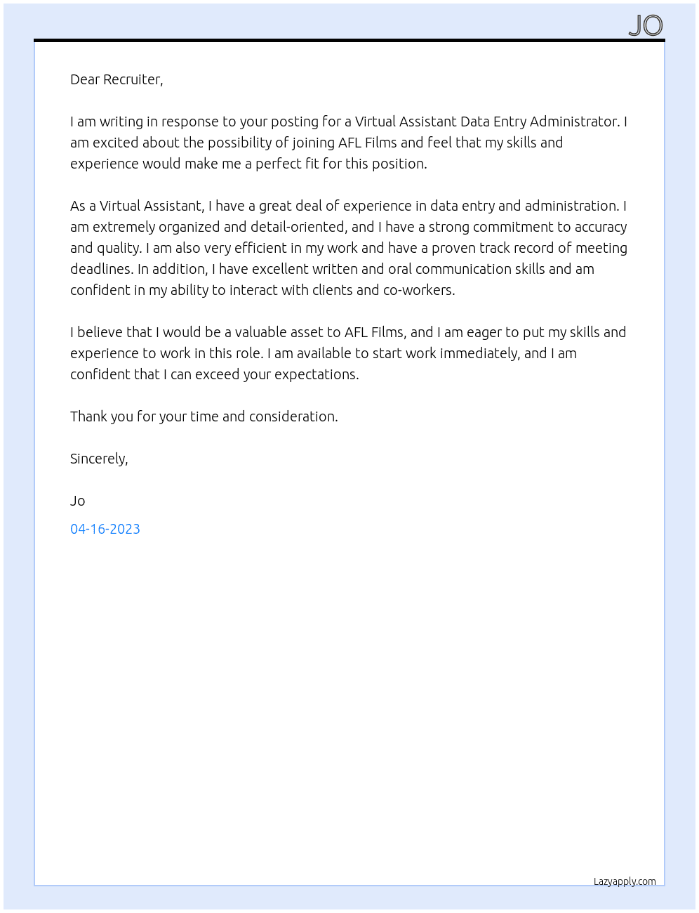 Virtual Assistant Data Entry Administrator At AFL Films Cover Letter
