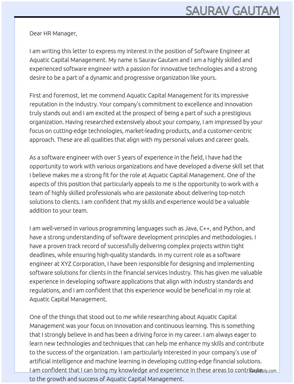 Software Engineer At Aquatic Capital Management Cover Letter