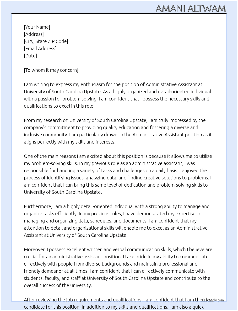 Administrative Assistant At University of South Carolina Upstate Cover Letter