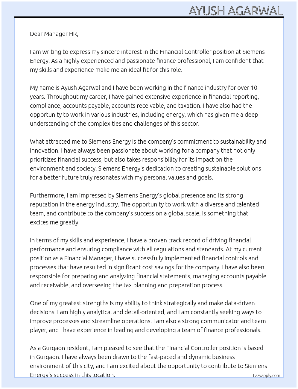Financial Controller At Siemens Energy Cover Letter