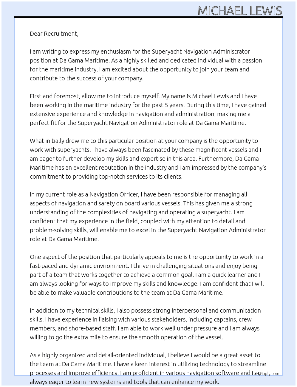Cover letter for superyacht navigation administrator - LazyApply