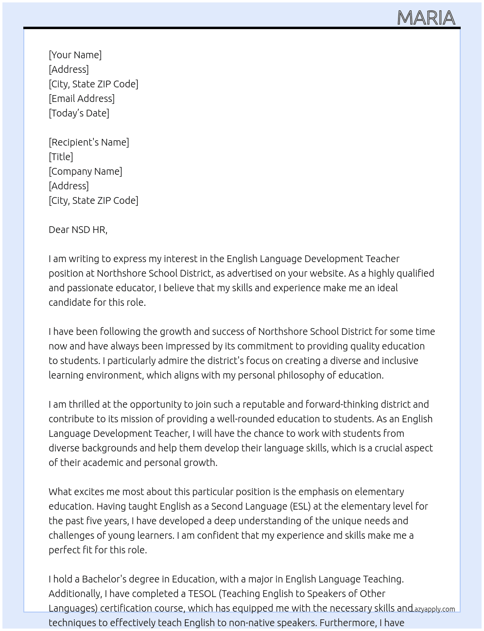English Language Development Teacher - Elementary At Northshore School District Cover Letter