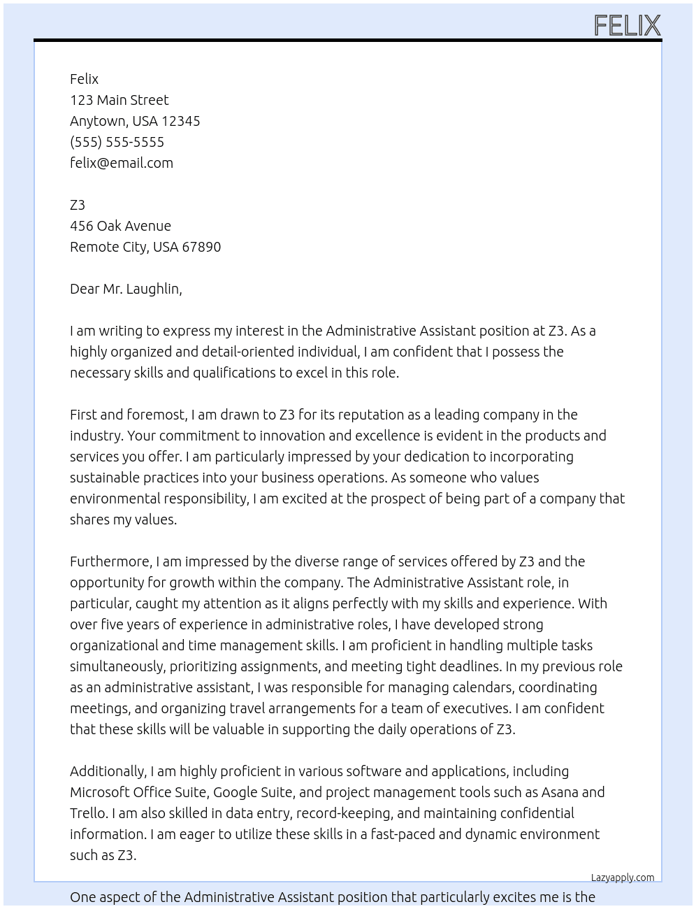 Administrative Assistant At Z3 Cover Letter