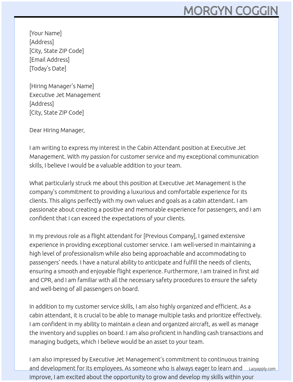 Cabin Attendant  At Executive Jet Management  Cover Letter