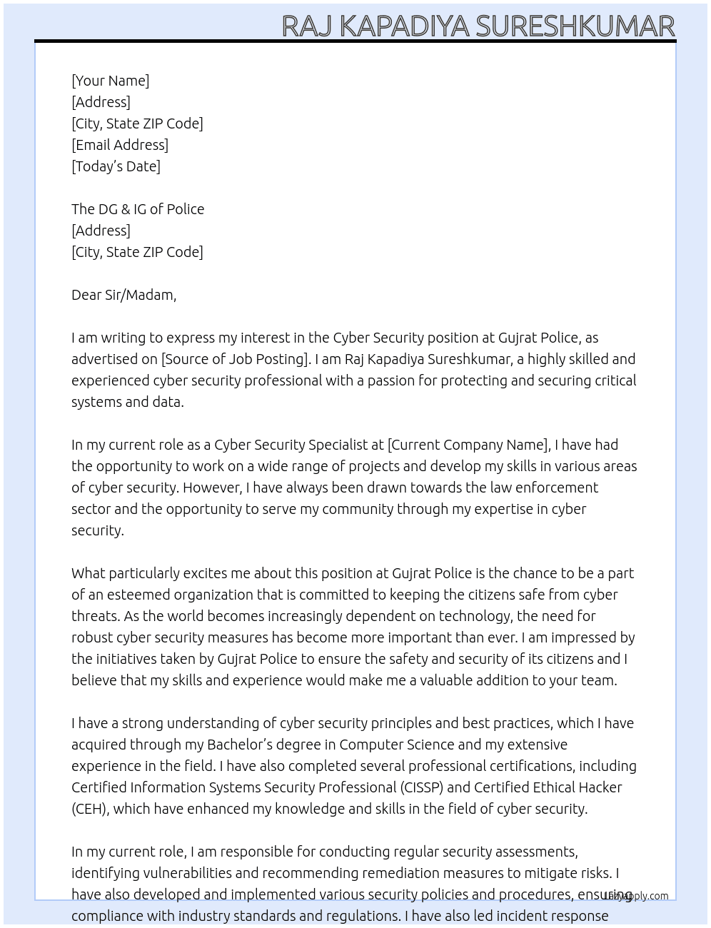 Cyber security At Gujrat Police Cover Letter