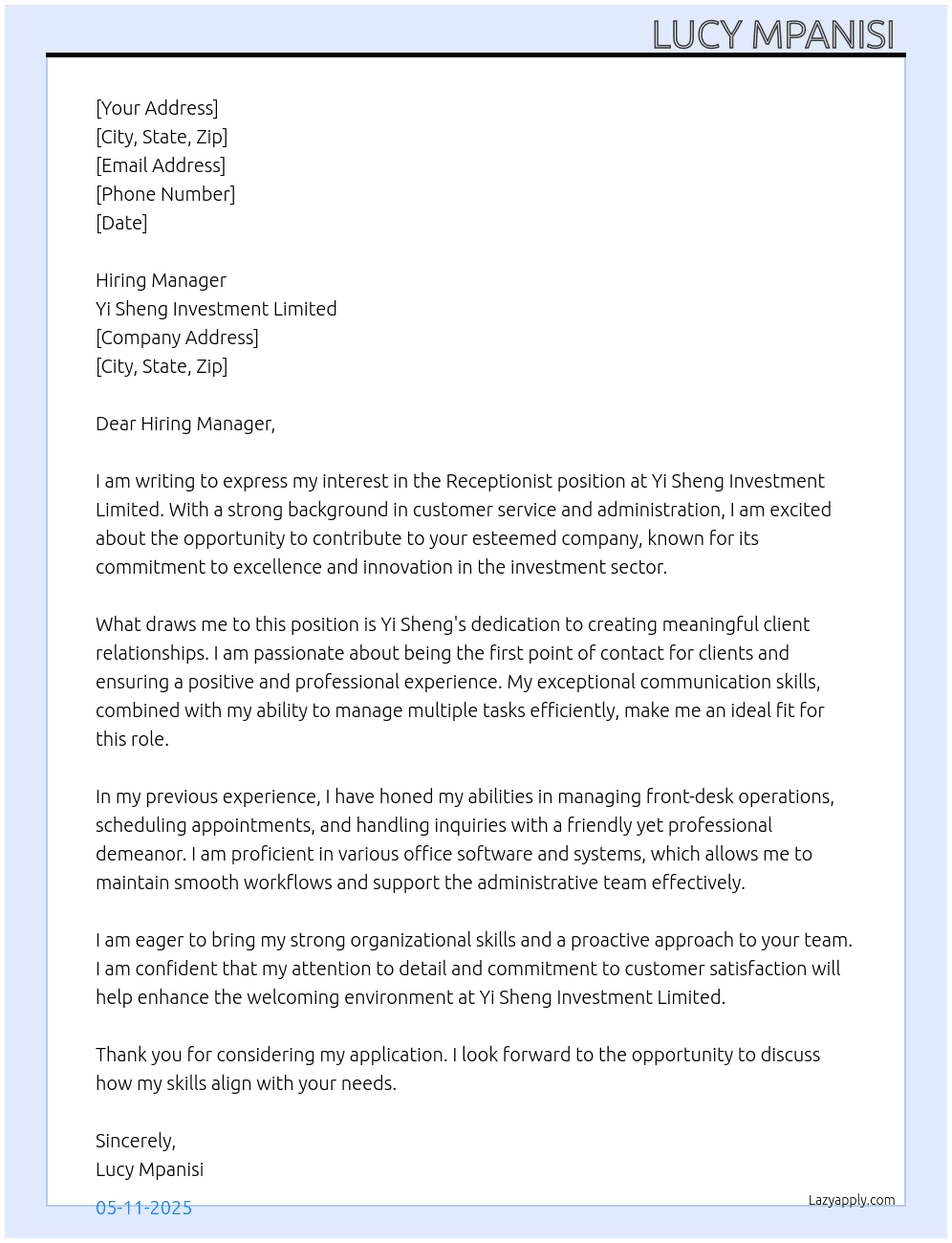 Receptionist  At Yi Sheng investment limited Cover Letter
