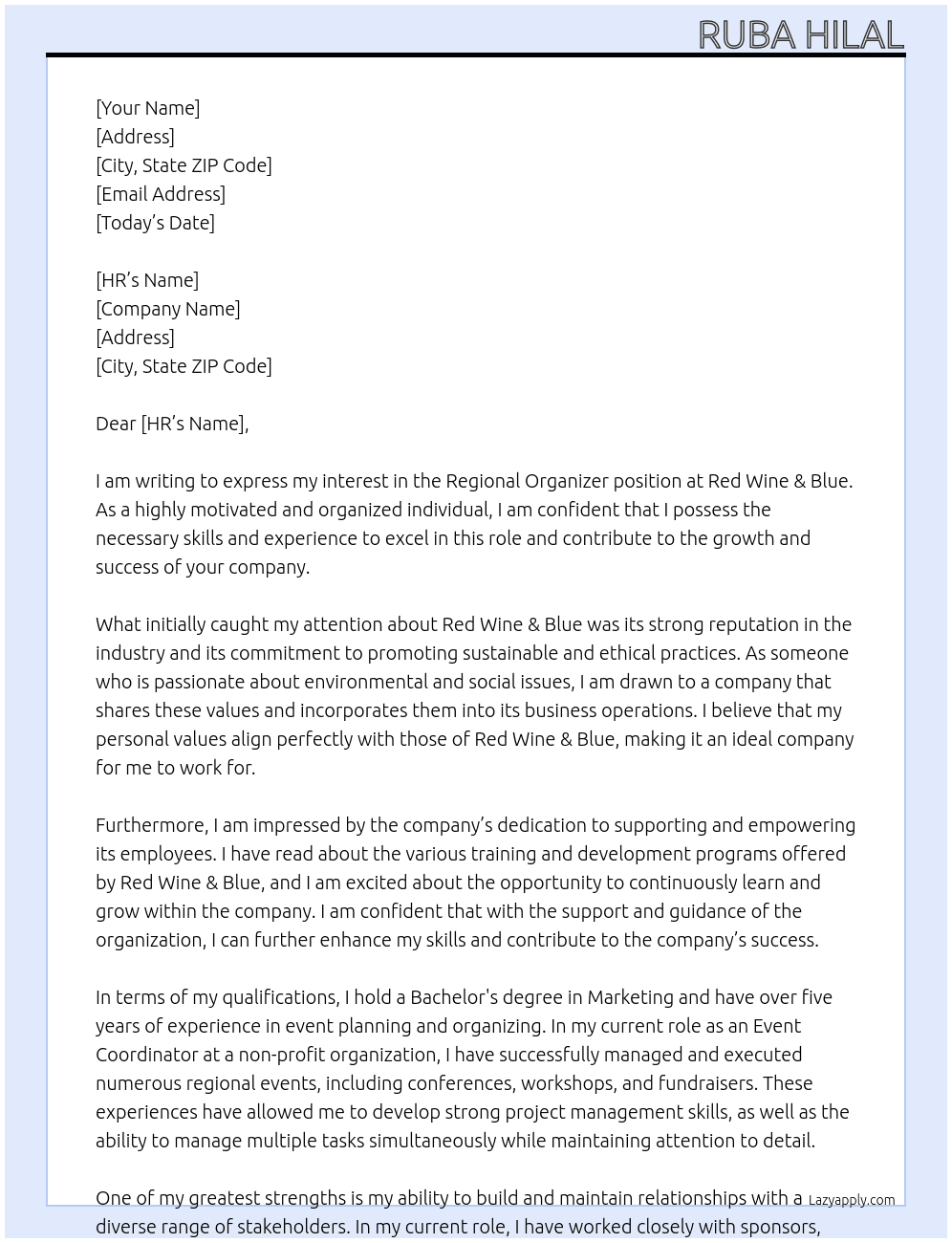 regional organizer At Red Wine & Blue Cover Letter