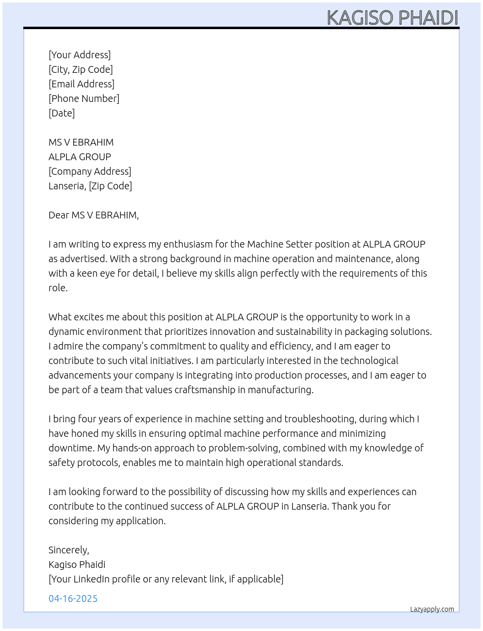 MACHINE SETTER At ALPLA GROUP Cover Letter