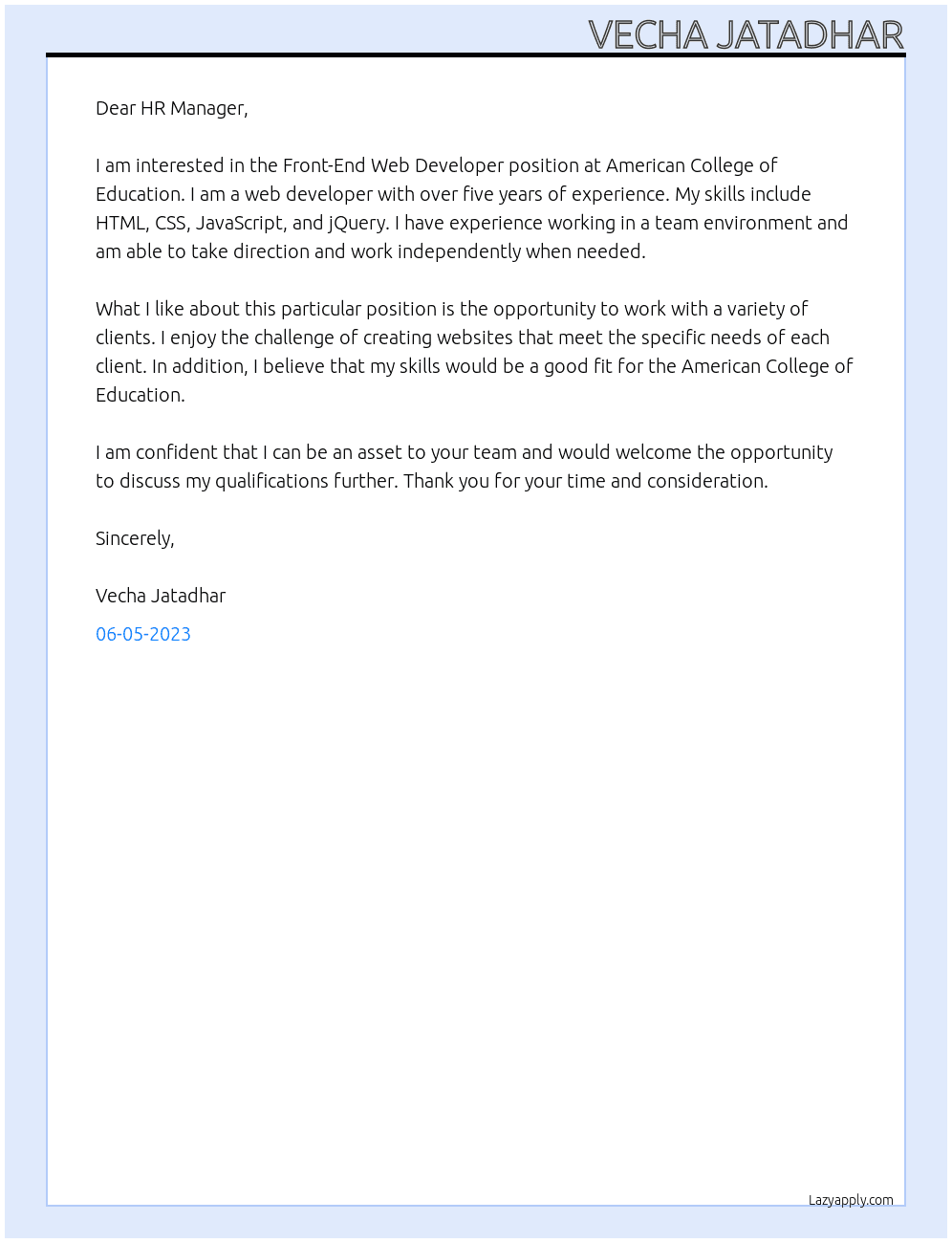 Front-End Web Developer At American College Of Education Cover Letter