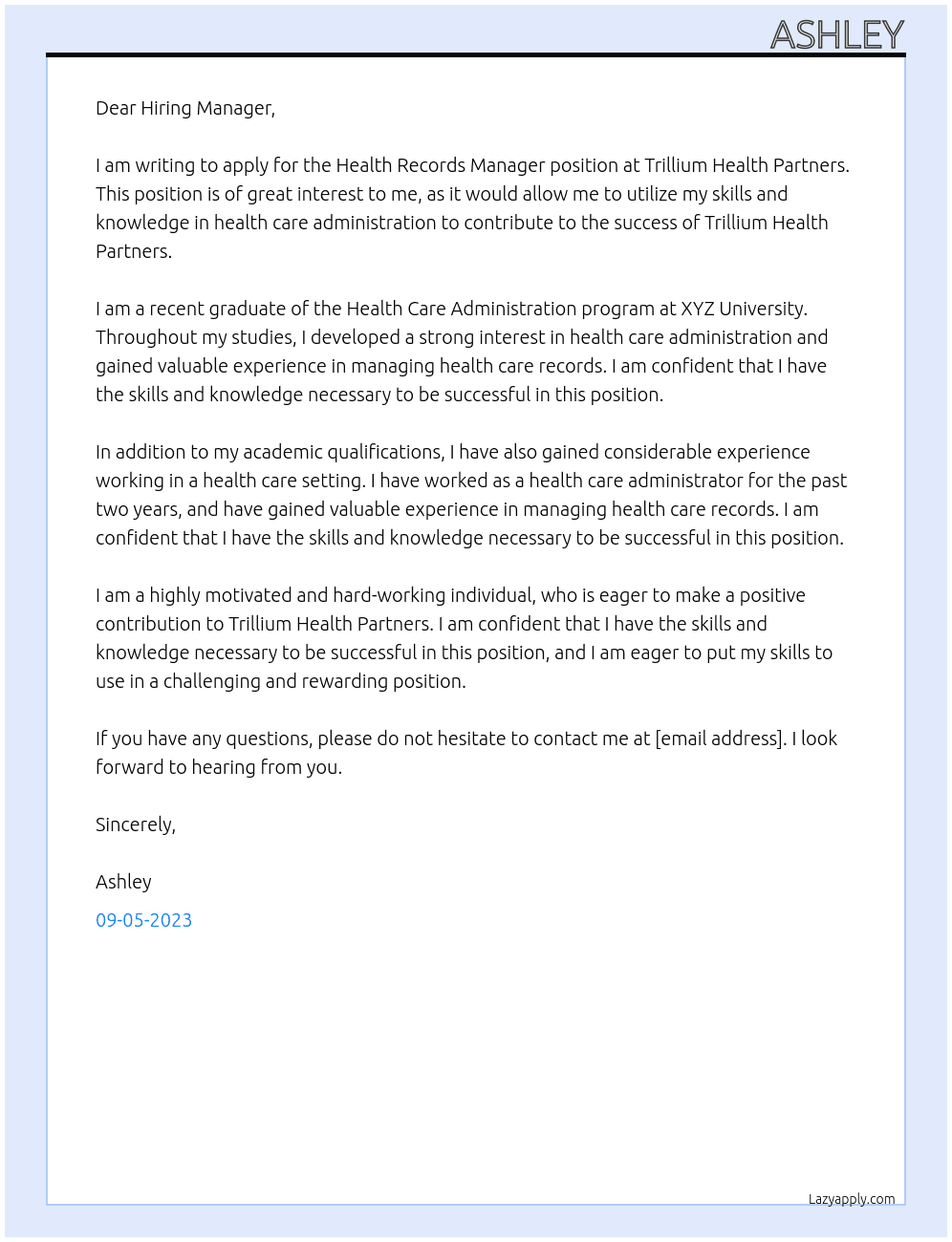 health records manager At Trillium Health Partners Cover Letter