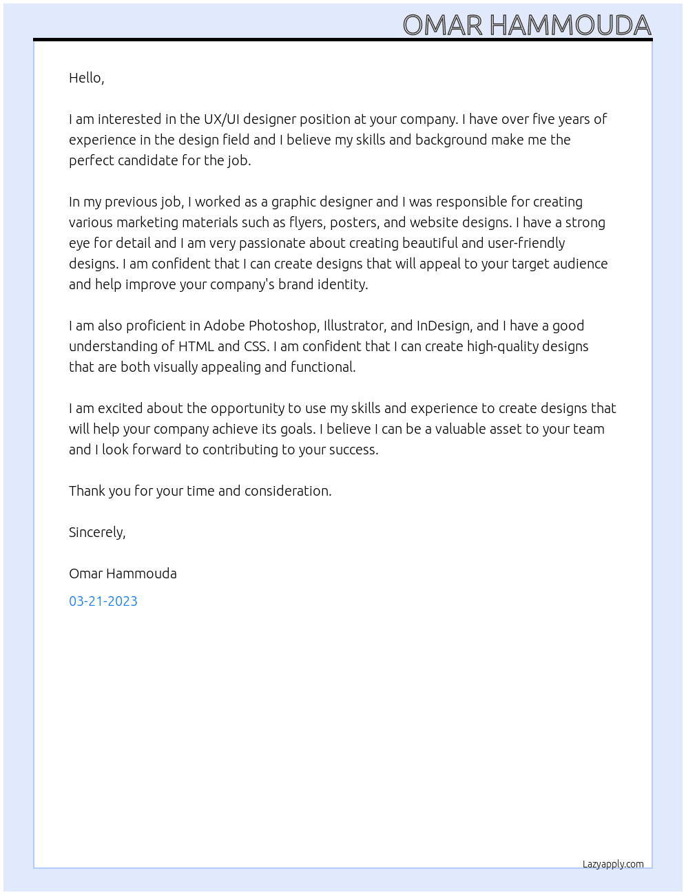 UX/UI designer At Omar Hammouda Cover Letter