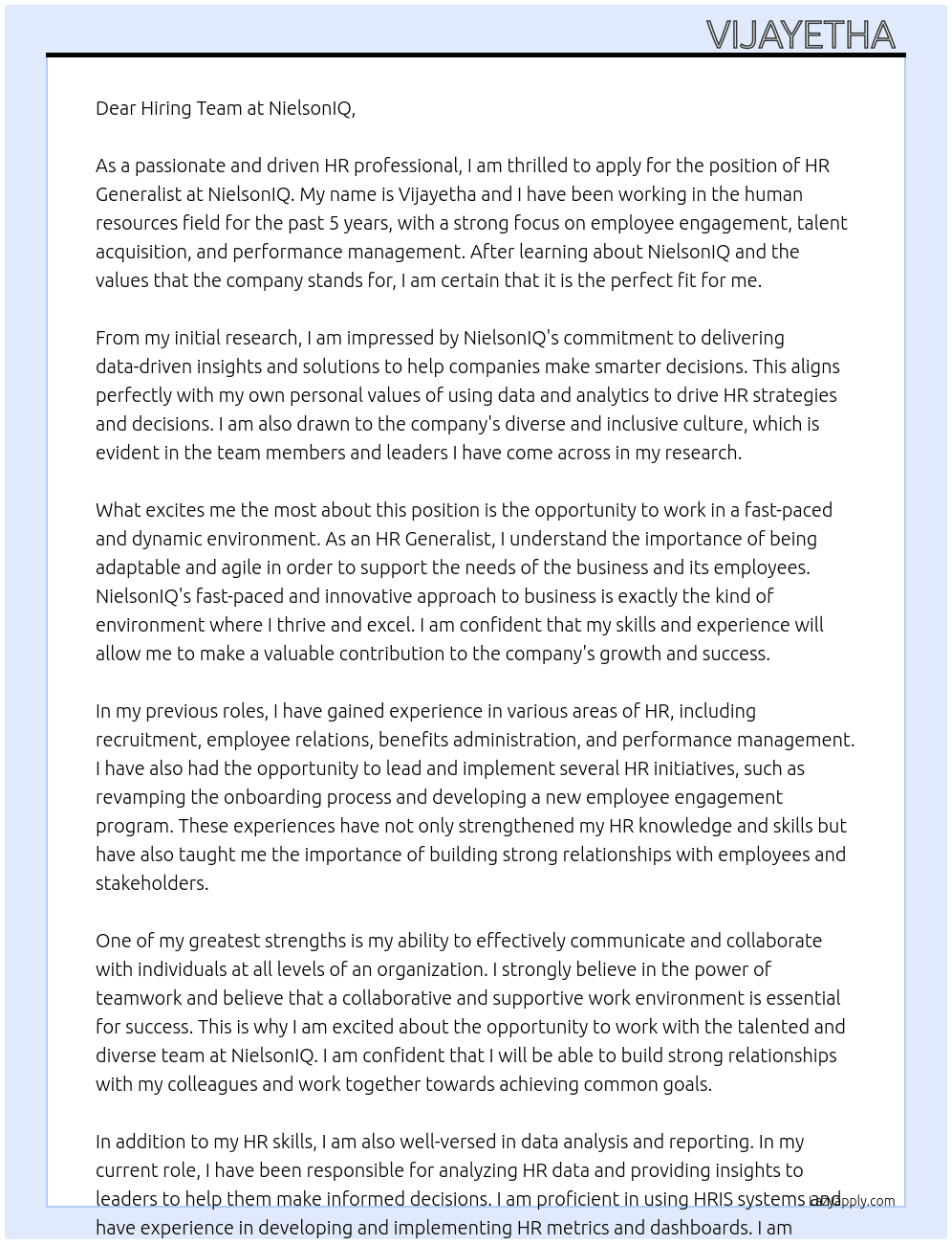 HR Generalist At NielsonIQ Cover Letter