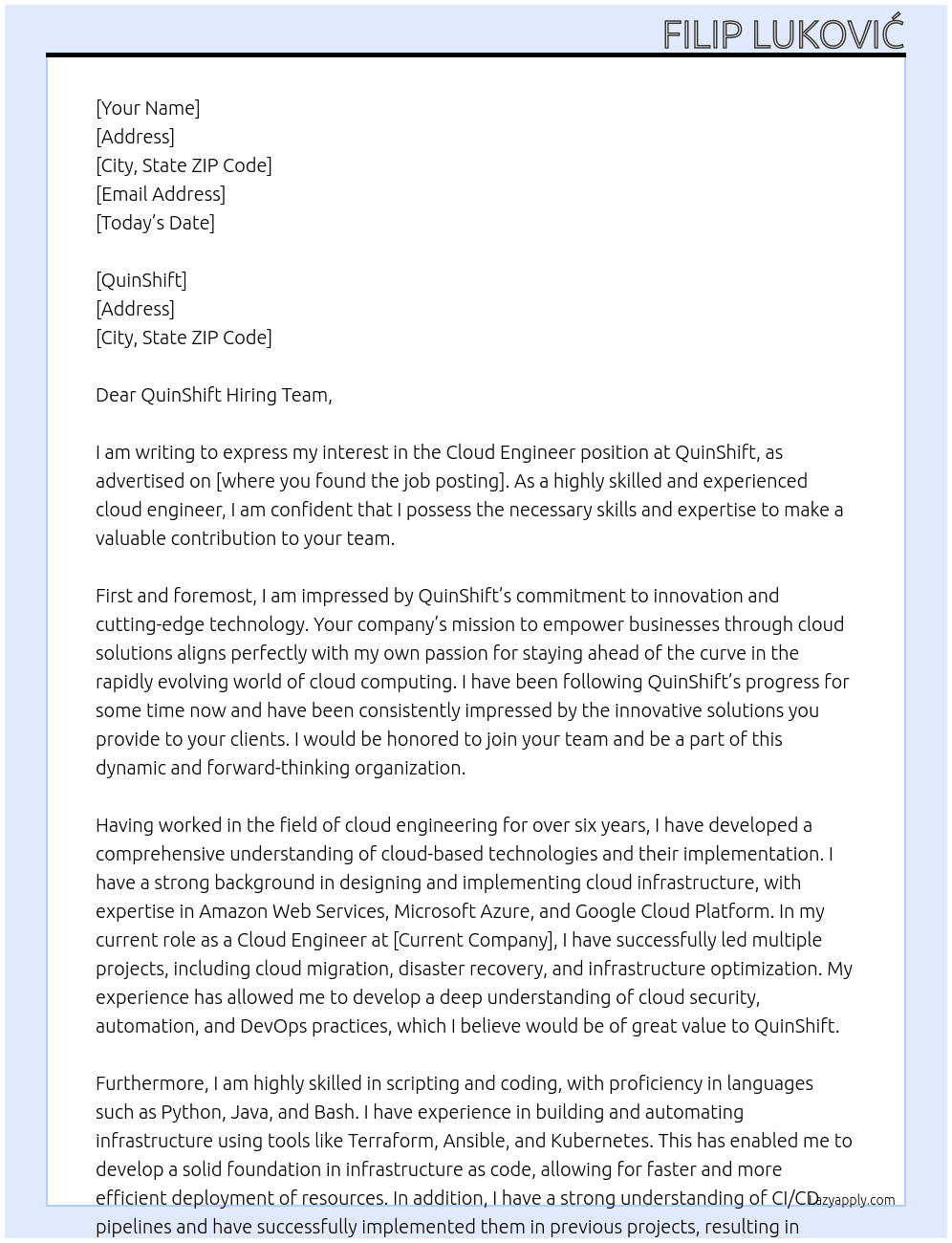 Cloud Engineer At QuinShift Cover Letter