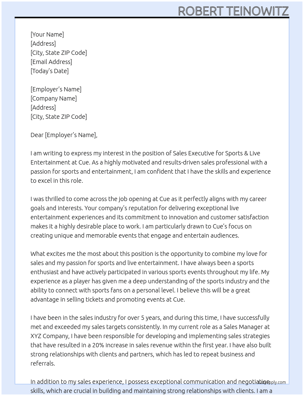 Sales Executive: Sports & Live Entertainment At Cue Cover Letter