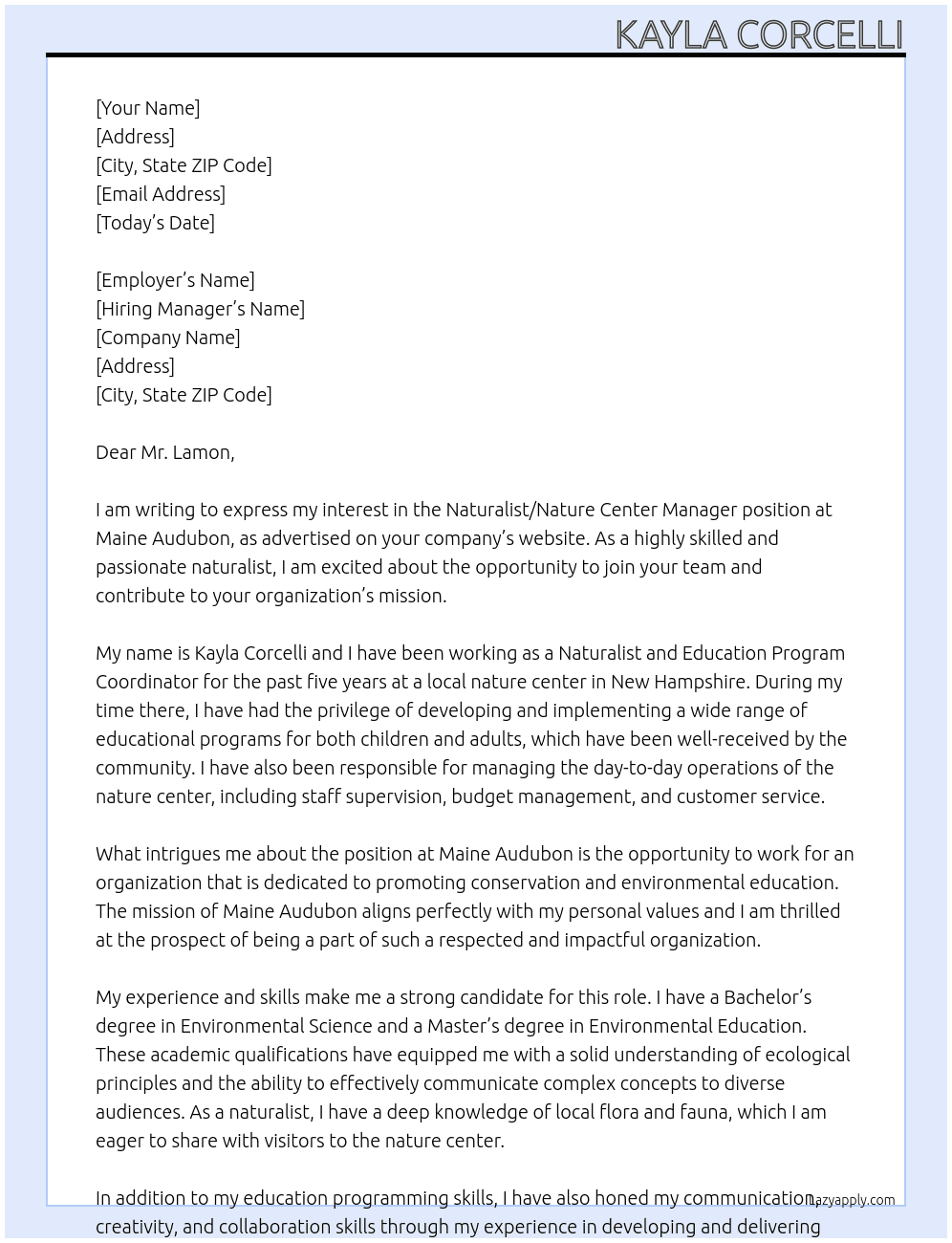 Naturalist/Nature Center Manager At Maine Audubon Cover Letter
