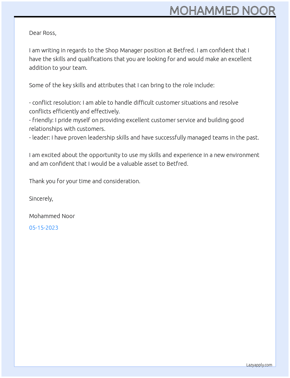 Shop manager At Betfred Cover Letter