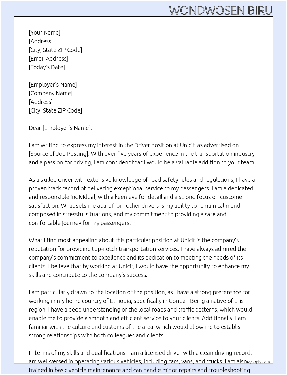 Driver  At Unicif Cover Letter