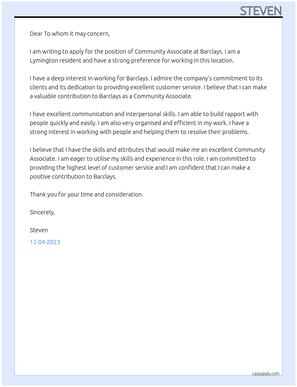 Community Associate At Barclays Cover Letter