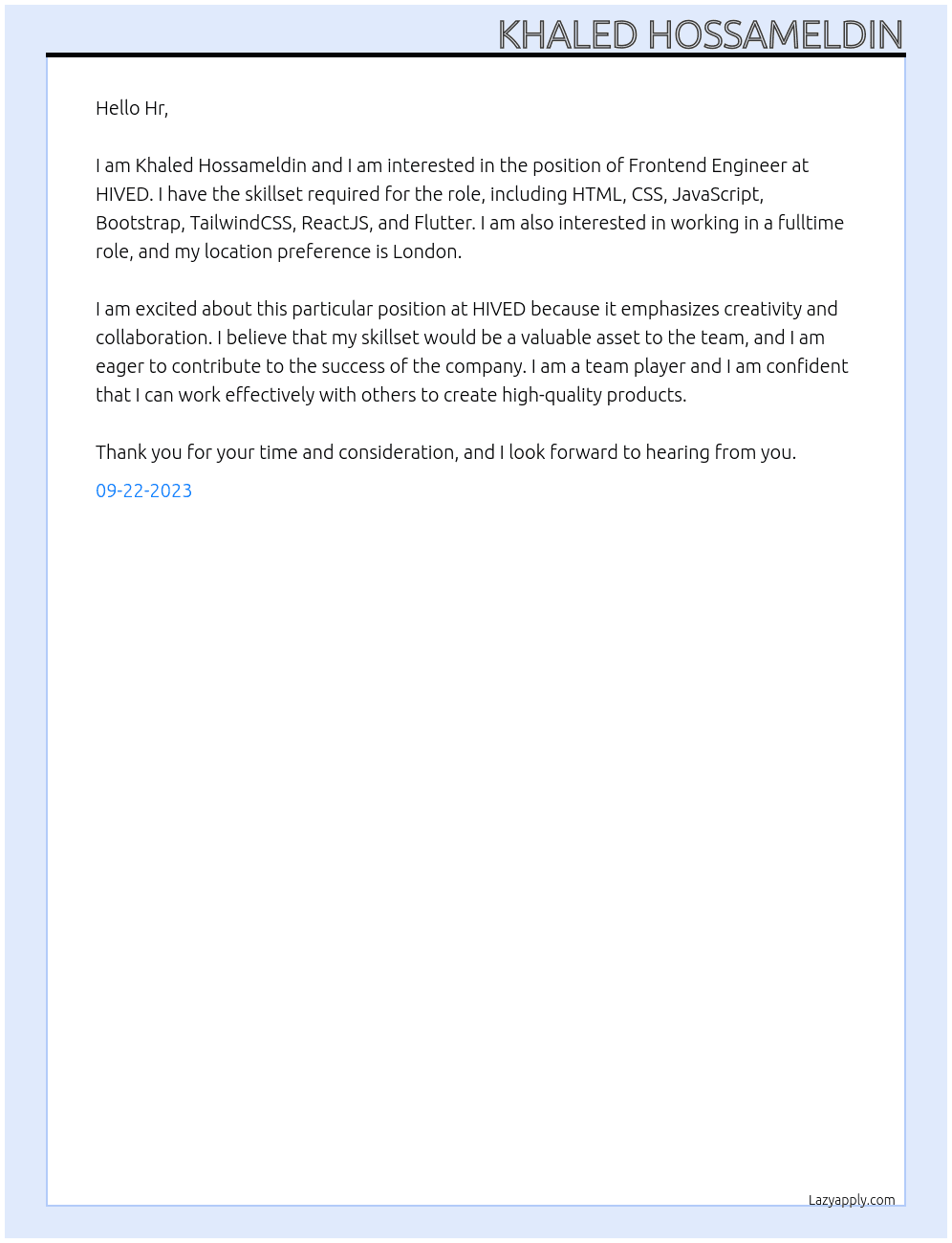 Frontend Engineer At HIVED Cover Letter