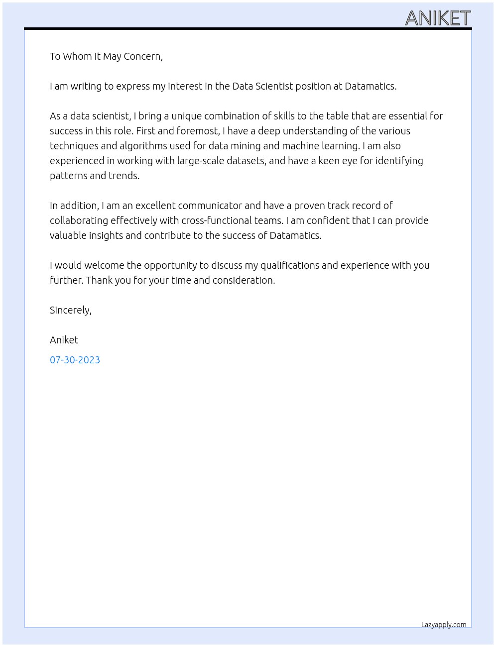 Data Scientist At Datamatics Cover Letter