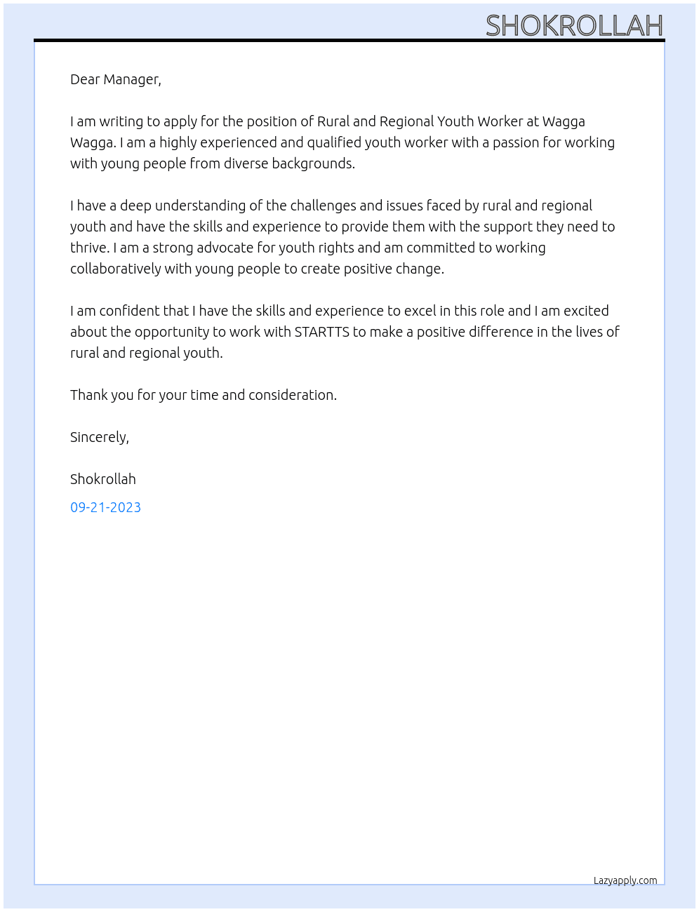 Rural and Regional Youth Worker – Wagga Wagga At  STARTTS Cover Letter