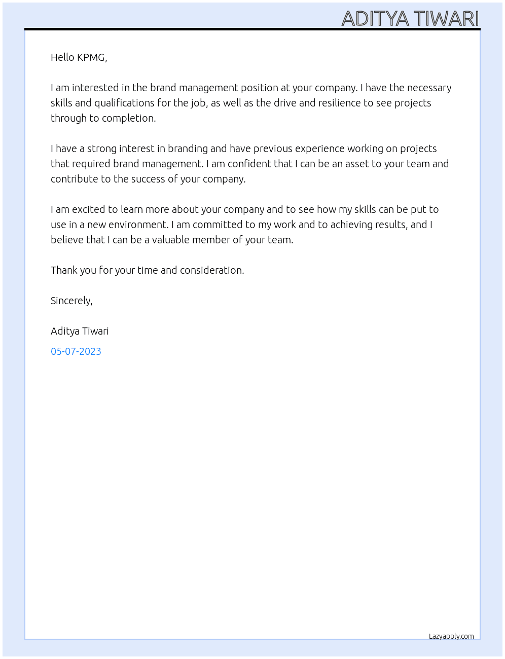 BRAND MANAGEMENT At KPMG Cover Letter