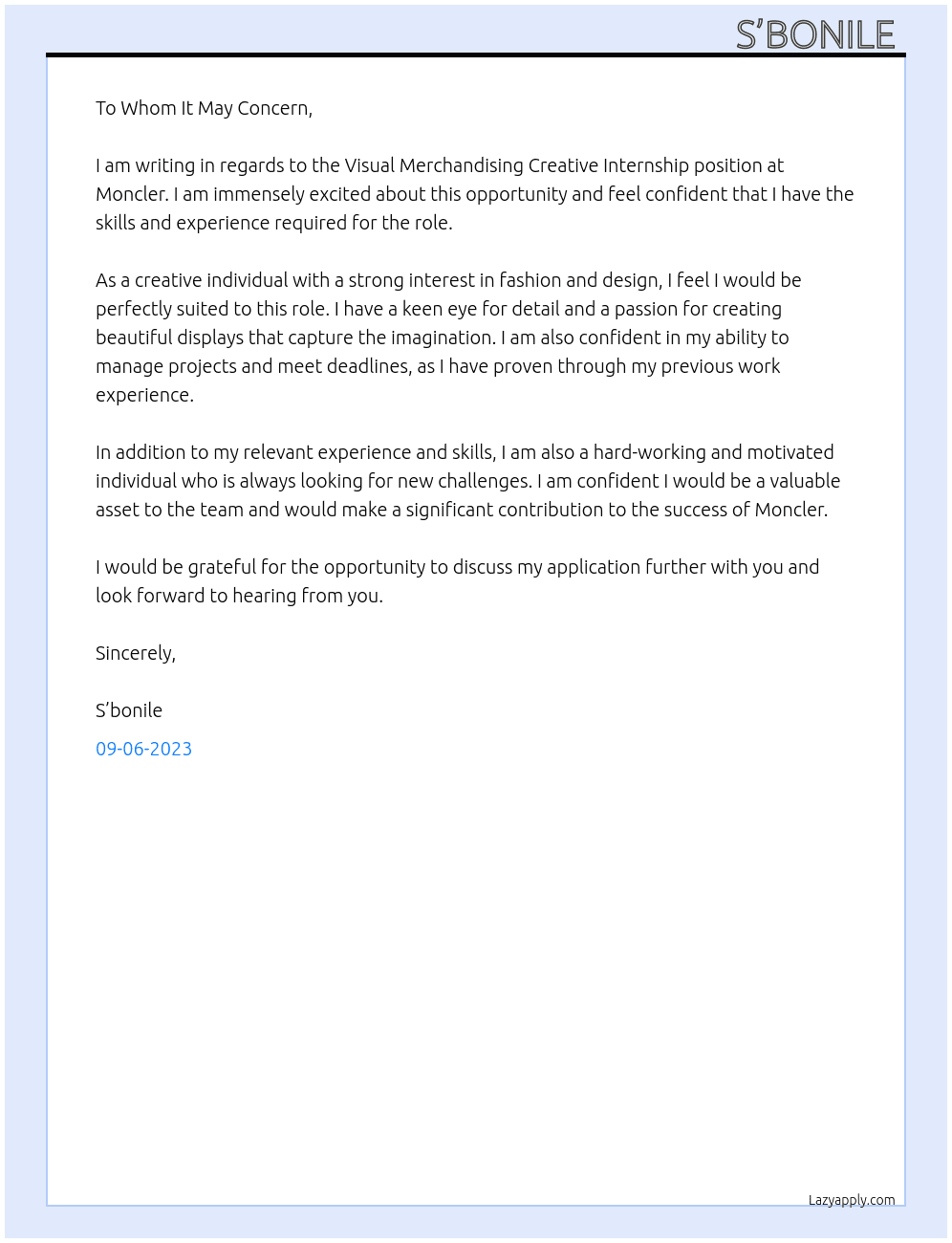 Visual Merchandising Creative Internship  At Moncler Cover Letter