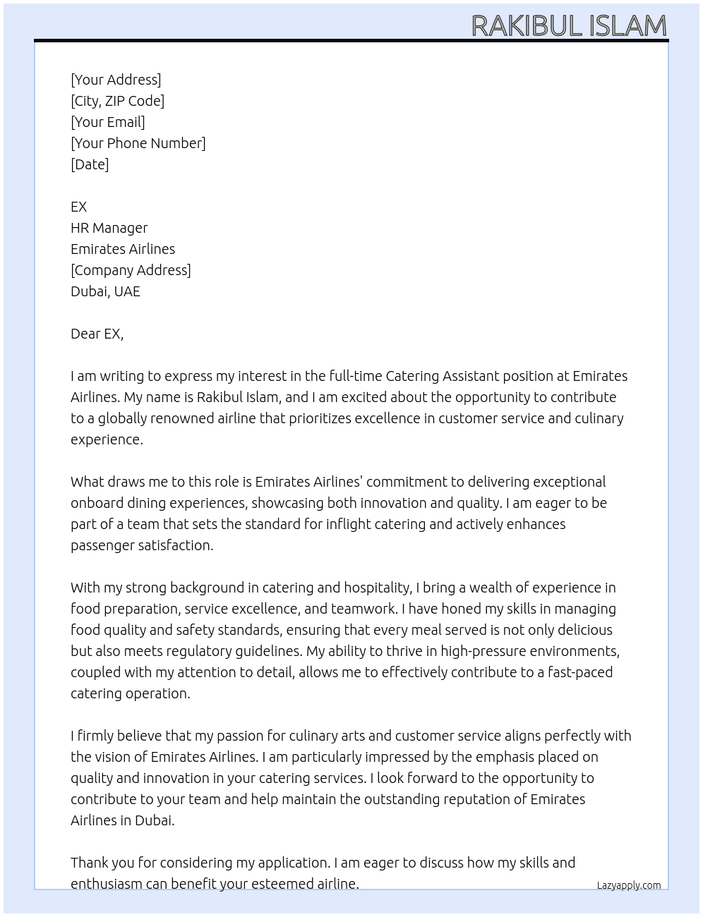 Catering Assistant At Emirates Airlines  Cover Letter