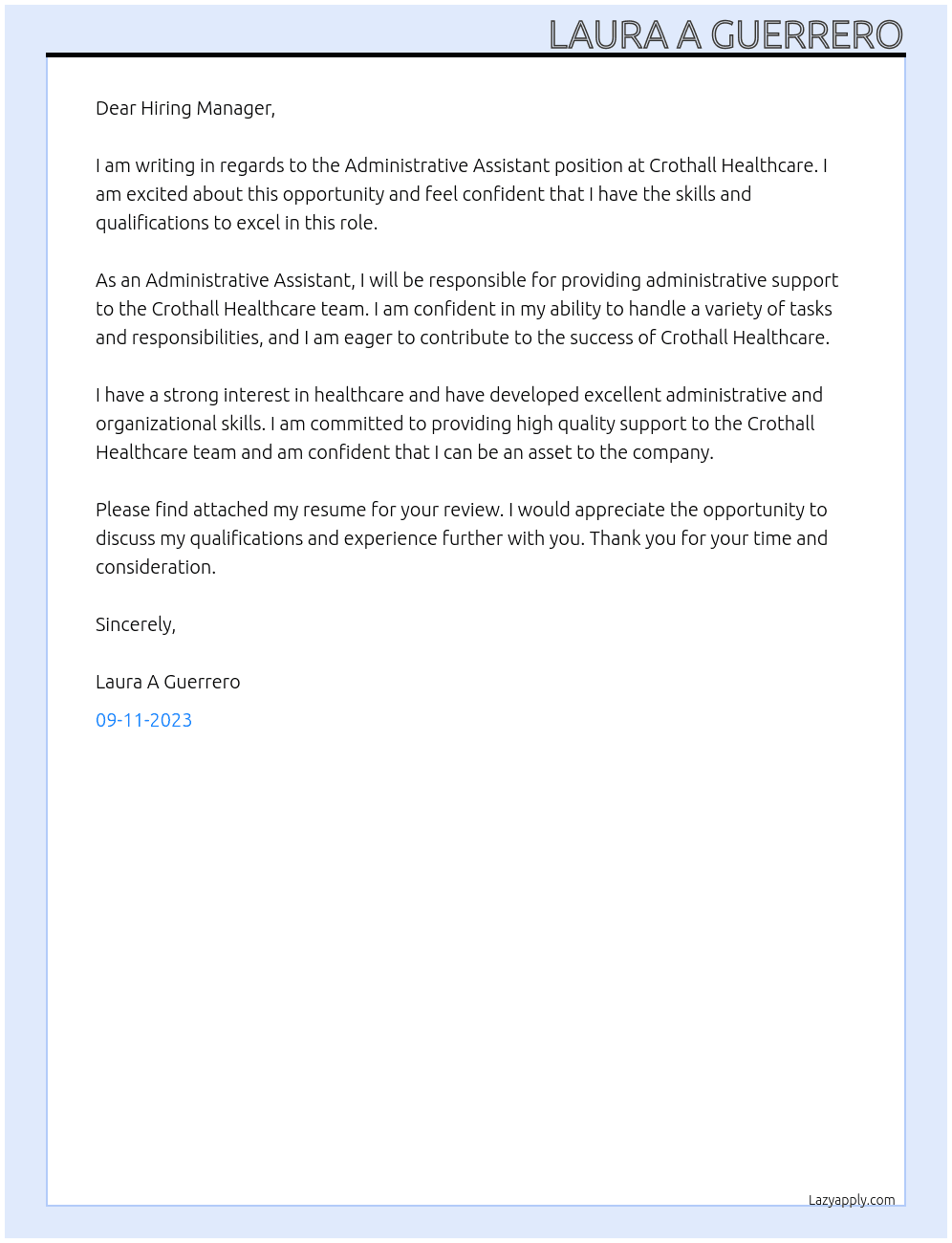 Administrative Assistant  At Crothall Healthcare Cover Letter