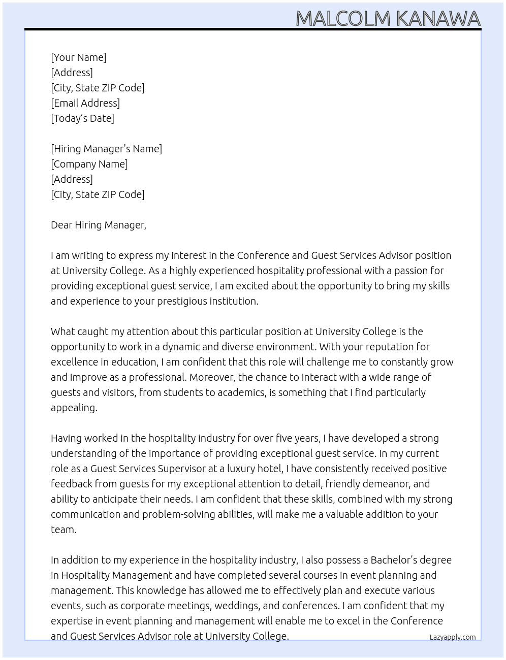 Conference and guest services advisor  At University College Cover Letter