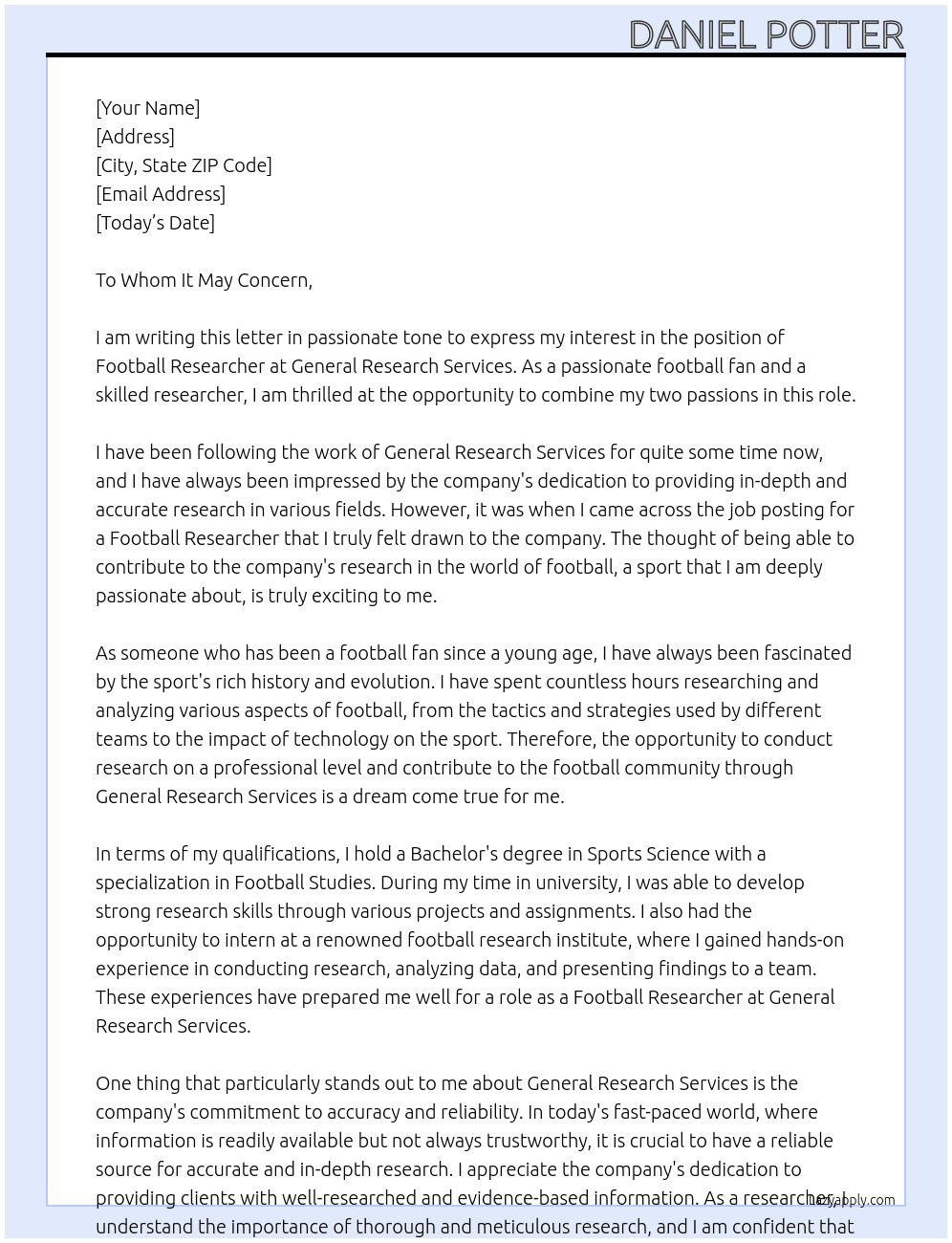 Football researcher  At General Research services Cover Letter
