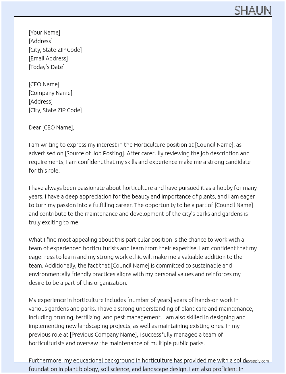 Horticulture At council Cover Letter