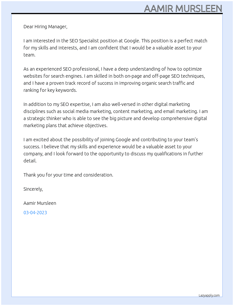 SEO Specialist  At Google Cover Letter