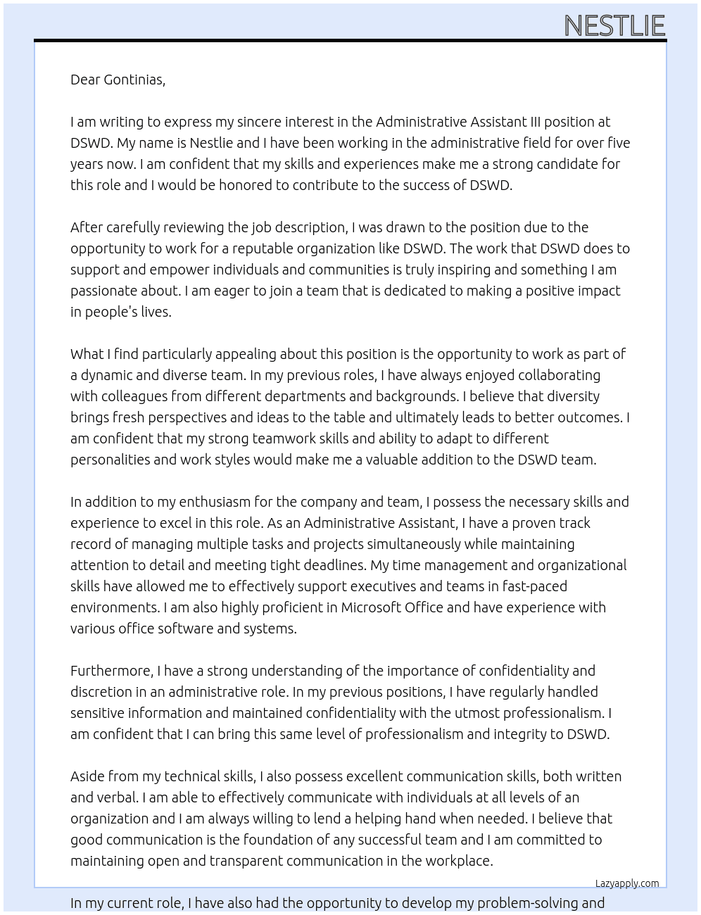 Administrative Assisstant III At DSWD  Cover Letter
