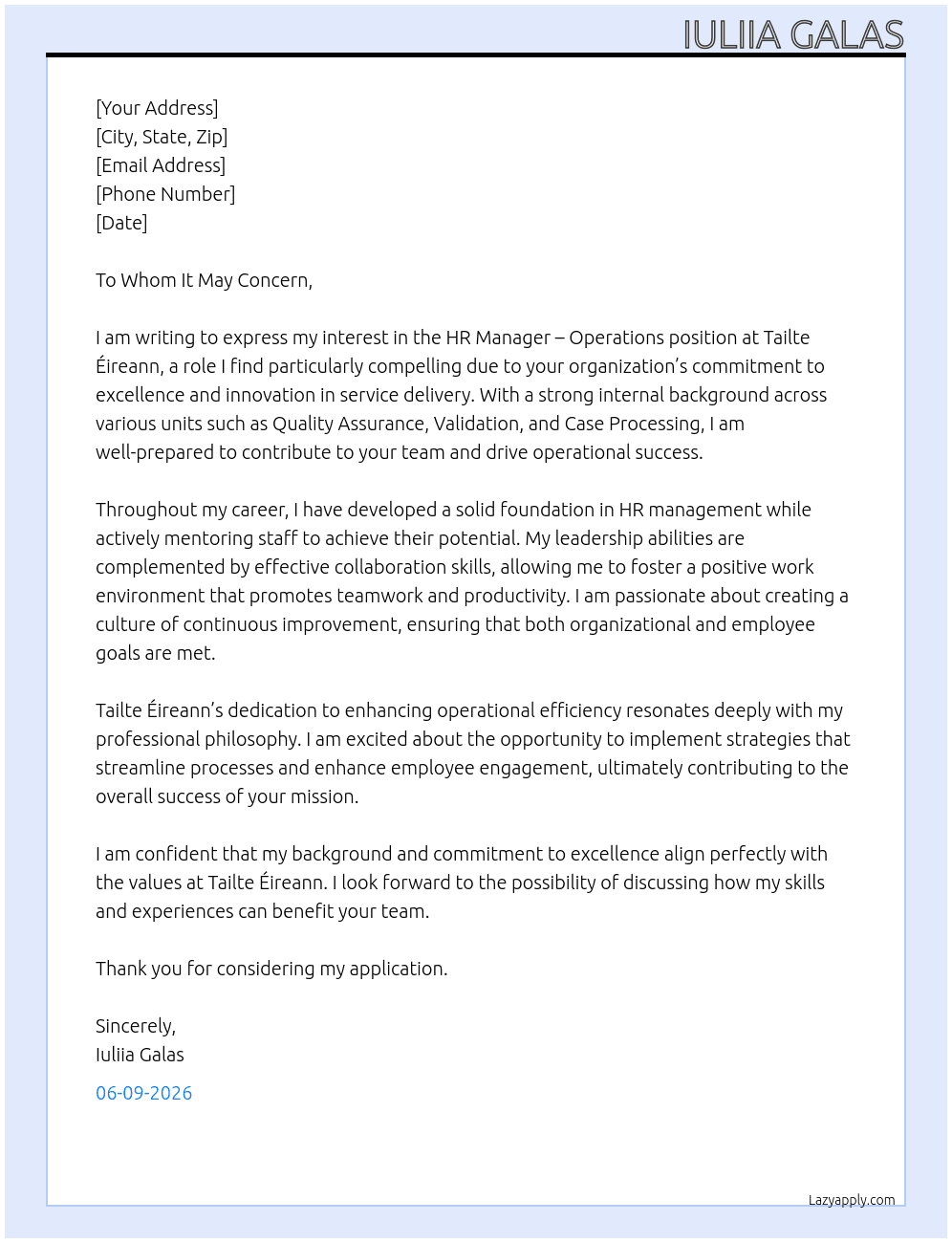HR Manager – Operations At Tailte Éireann Cover Letter