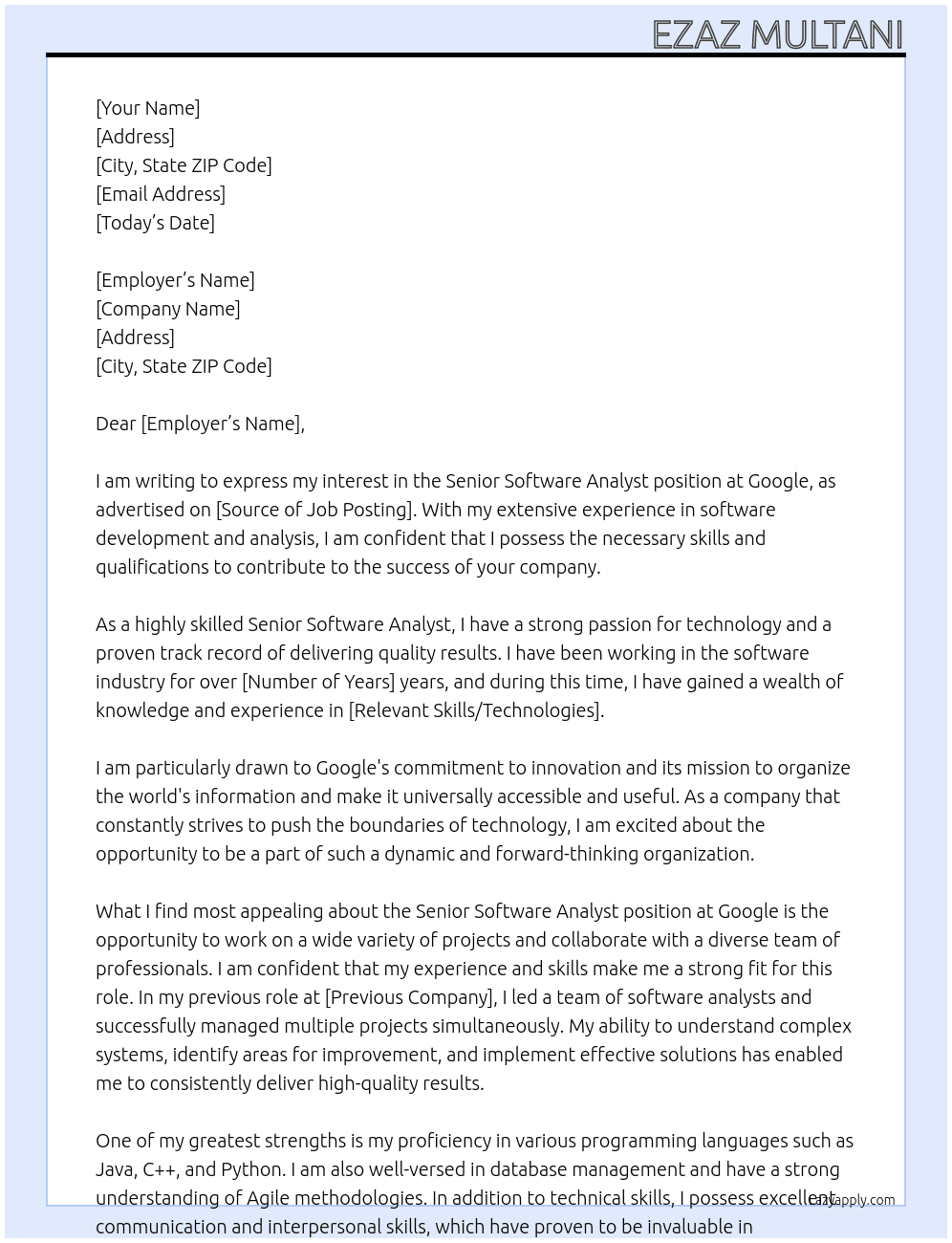 Cover letter for senior software analyst - LazyApply