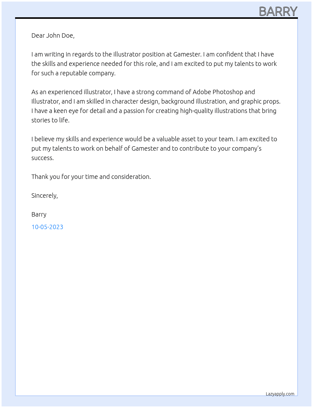 illustrator At Gamester Cover Letter