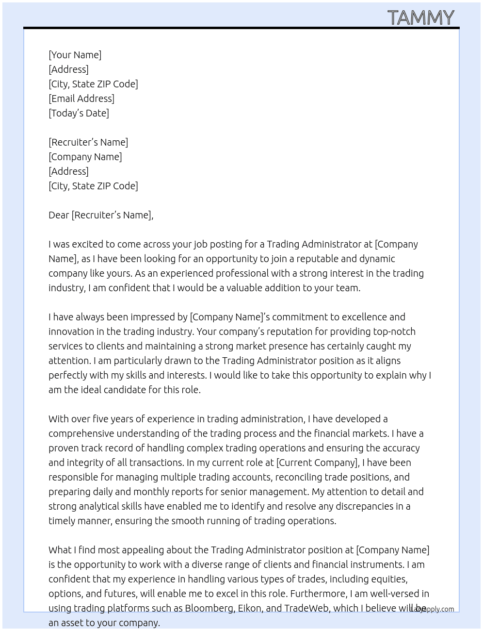 Trading administrator  At Tammy  Cover Letter